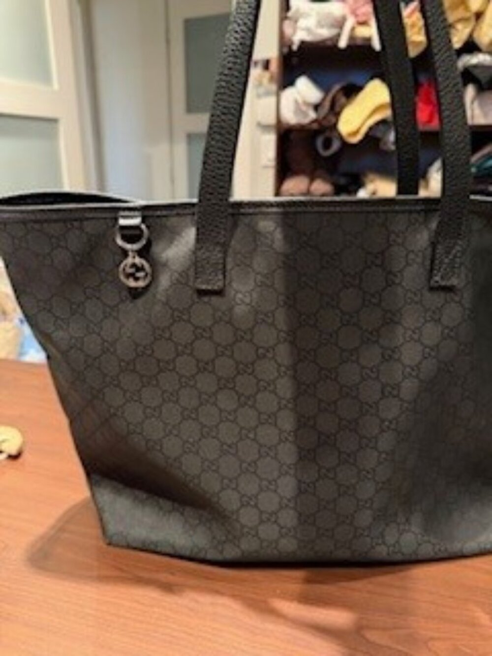GUCCI Tote Bag Canvas Leather Black with GG charm
